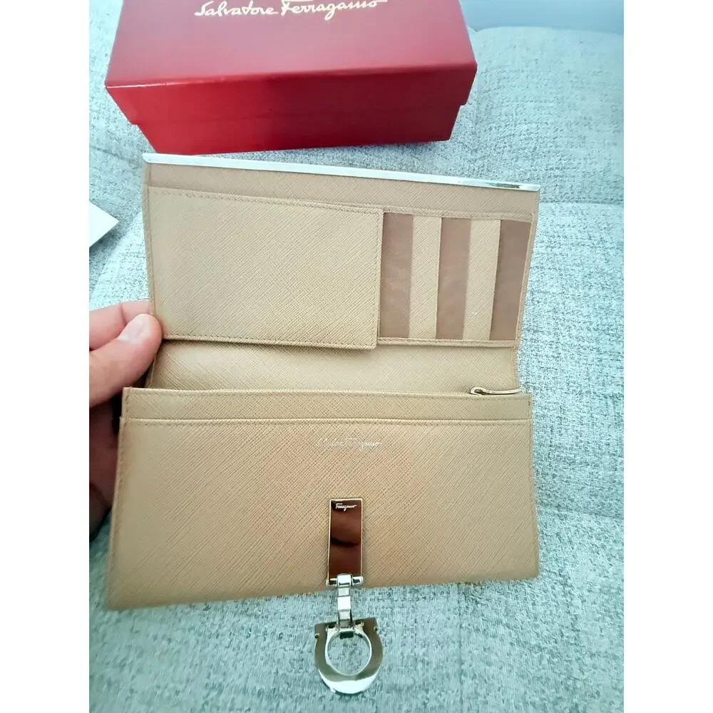 Salvatore Ferragamo Gancini Long Wallet – Beige Saffiano Leather Silver Hardware